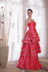 Coral Red Princess Strapless Floor-length Satin Ruffles Evening Dress