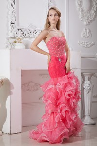 Beautiful Coral Red And Light Pink Mermaid High-low Evening Dress With Beading