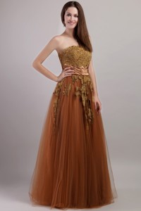 Rust Red Empire Strapless Floor-length Tulle Appliques Evening Dress