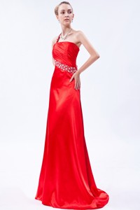 Red Column One Shoulder Evening Dress Taffeta Beading And Ruch Brush Train