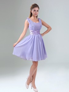 Perfect Straps Lavender Ruched Mini Length Bridesmaid Dress with Waistband