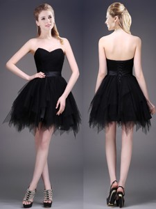 Best Selling Black Short Bridesmaid Dress with Ruffles and Belt