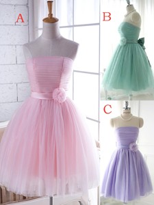 Unique Strapless Tulle Short Bridesmaid Dress with Handcrafted Flower
