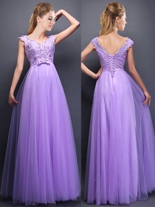 Lovely Beaded and Bowknot V Neck Bridesmaid Dress in Lavender