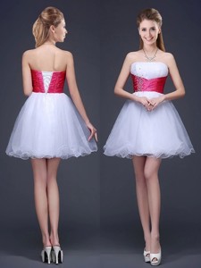 Best Selling Beaded and Red Belted Short Bridesmaid Dress in White