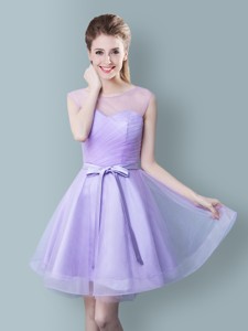 Romantic Scoop Bowknot Lavender Short Bridesmaid Dress in Tulle