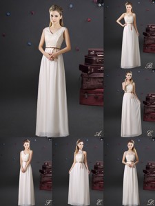 Elegant Laced and Belted Chiffon Long Dama Dress in Off White