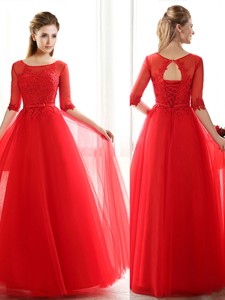 See Through Scoop Half Sleeves Red Bridesmaid Dress with Lace and Belt