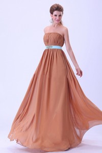 Rust Red Bridesmaid Dress With Blue Belt And Ruching Chiffon Floor-length