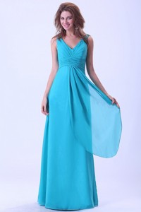 Aqua Blue Bridesmaid Dress With V-neck Chiffon Floor-length For Custom Made