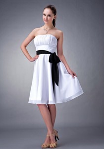 White Princess Strapless Knee-length Chiffon Sash Bridesmaid Dress