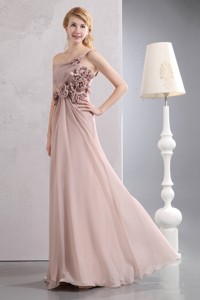 Unique Light Pink Empire Bridesmaid Dress One Shoulder Hand Made Flowers Floor-length Chiffon