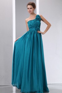 Cheap Teal Bridesmaid Dress Empire One Shoulder Hand Made Flowers And Ruch Floor-length Chiffon And Elasti