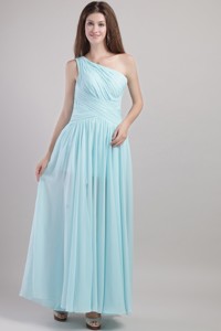 Light Blue Empire One Shoulder Ankle-length Chiffon Ruch Bridesmaid Dress
