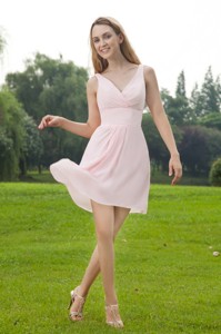 Baby Pink Empire V-neck Mini-length Chiffon Ruch Bridesmaid Dress