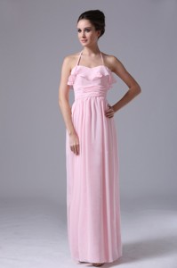 Halter Pink Chiffon Column Bridesmaid Dress With Ruched