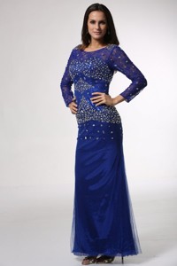 Royal Blue Column Scoop Beaded Mother Of The Bride Dress With Long Sleeves