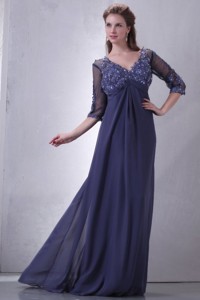 Empire V-neck Chiffon Appliques With Beading Mother Of The Bride Dress With 3/4 Sleeves