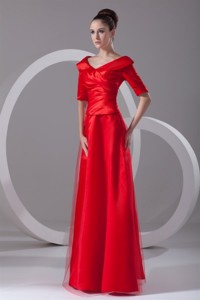 Cheap Column V-neck Red Taffeta Half Sleeves Red Ruching Mother Of The Bride Dress