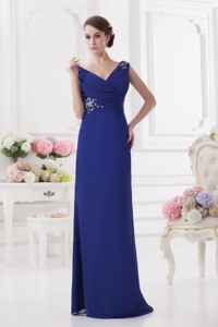 Ruching And Beading V-neck Column Dark Blue Mother Of The Bride Dress