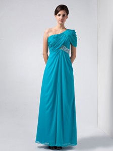 Beautiful Baby Blue Column One Shoulder Homecoming Dress Ankle-length Chiffon Beading