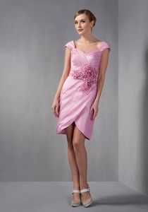 Rose Pink Column Cap Sleeves Knee-length Taffeta Ruch Mother Of The Bride Dres