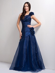 Navy Blue One Shoulder Floor-length Tafeta And Organza Hand Made Flowers Mother Of The Bride Dress
