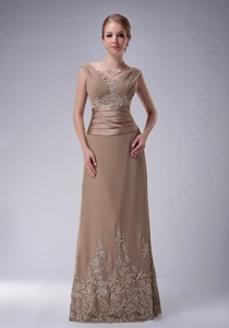 Champagne Column V-neck Floor-length Chiffon Appliques Mother Of The Bride Dress