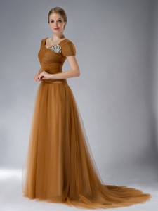 Brown Empire Square Brush Train Tulle Appliques Mother Of The Bride Dress