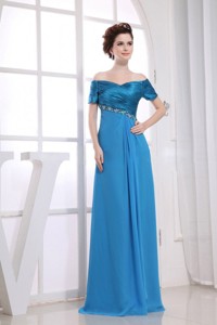Beading Decorate Bodice Off The Shoulder Blue Chiffon And Taffeta Mother Of The Bride Dress Floor-length