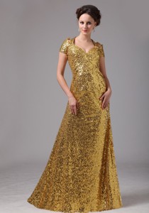 Gold Paillette Over Skirt V-neck Cap Sleeves Mother Of The Bride Dress For Celebrity In Morrow Georgia
