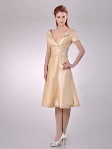 Hot Sale V Neck Champagne Tea Length Mother Of The Bride Dress With Short Sleeves