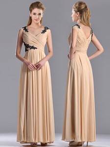 Latest Cap Sleeves Champagne Mother Of The Bride Dress With Black Appliques