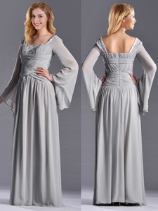 Classical Square Beaded And Ruched Mother Of The Bride Dress With Long Sleeves