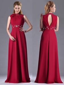 Empire High Neck Open Back Red Mother Of The Bride Dress With Beading And Hand Crafted