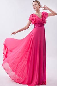 Hot Pink Empire V-neck Mother Of The Bride Dress Chiffon Ruch Brush Train