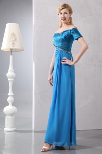 Sexy Sky Blue Column Off The Shoulder Beading Mother Of The Bride Dress Ankle-length Taffeta and Chi