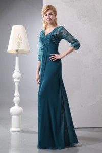 Turquoise Column V-neck Floor-length Chiffon Lace Mother Of The Bride Dress