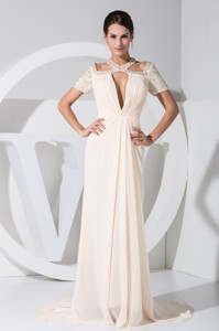 Jeweled Plunging Neckline Chiffon Mother Of The Bride Dress with Cutouts