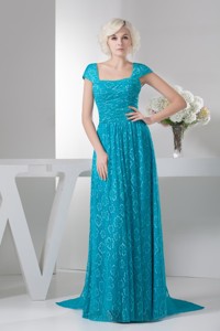 Teal Square Brush Train Mother Bride Dress With Cap Sleeves