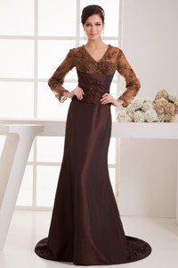 Brown Brush Train Mother Bride Dress with Long Sleeves and Appliques