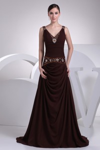 Burgundy V-neck Beading and Ruching Mother Of The Bride Dress