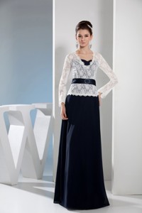 Column Navy Blue And White V-neck Long Sleeves Lace Mothers Dress