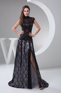 High-neck Brush Train Beaded Black Lace Mother of the Bride Dress