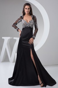 Beaded and High Slitted Black Prom formal Dress with Long Sleeves