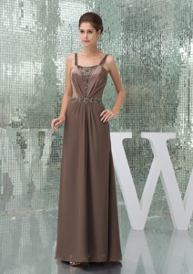 Beaded Decorate Shoulder Brown Straps Long Mother Of The Bride Dress