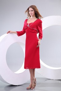 Column Red Strapless Knee-length Beading Chiffon Mother Of The Bride Dress