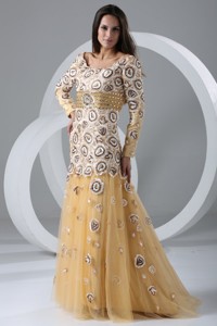Champagne Scoop Mother Of The Bride Dress With Long Sleeves