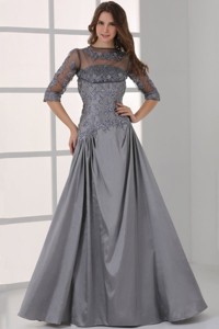 Grey Scoop Half Sleeves Mother Of The Bride Dress With Appliques And Beading