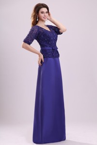 Column V-neck Lace Sash Purple Half Sleeves Satin Long Mother Of The Bride Dress